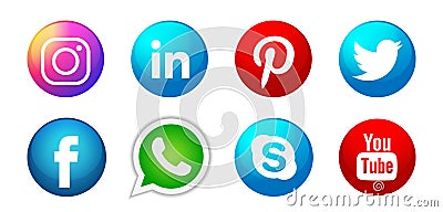 Set of popular social media logos icons Instagram Facebook Twitter Youtube WhatsApp element vector on white background Cartoon Illustration