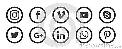 Set of popular social media logos icons Instagram Facebook Twitter Youtube WhatsApp vimeo pinterest linkedin element vector Editorial Stock Photo