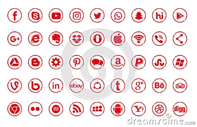 Set of popular social media logos, icons red Instagram, Facebook, Twitter, Youtube, WhatsApp, LinkedIn, Pinterest, Blog. Editorial Stock Photo