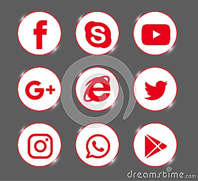 Set of popular social media logos, icons red Instagram, Facebook, Twitter, Youtube, WhatsApp, Editorial Stock Photo