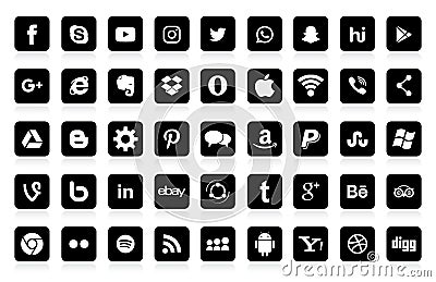 Set of popular social media logos, icons: Facebook, Instagram, Youtube, Twitter, LinkedIn, WhatsApp Vector Illustration