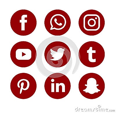 Set of popular social media logos vector web icon. Internet, facebook. Editorial Stock Photo