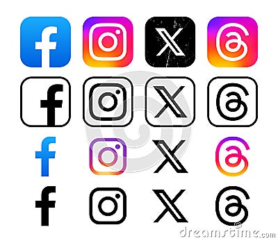 Set of popular Social Media Mobile App icons in different forms: Facebook, Instagram, Twitter - X and Threads, isolated Vector Illustration