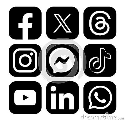 Set of popular social media mobile apps black icons: Facebook, X Twitter, Threads, Instagram, Messenger and others Vector Illustration