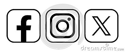 Set of popular social media mobile apps black icons with rim: Facebook, Instagram and X Twitter, vector illustration Vector Illustration