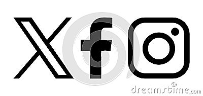 Set of popular social media mobile apps black logo symbols: X Twitter, Facebook and Instagram, vector illustration Vector Illustration