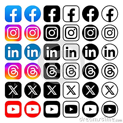 Set of popular Social Media and Mobile Apps icons in different forms, such as: Facebook, Instagram, LinkedIn, Threads, Twitter - X Vector Illustration