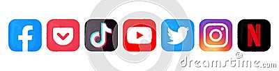 Set of popular Social Media and Mobile Apps icons in watercolor paint design Vector Illustration