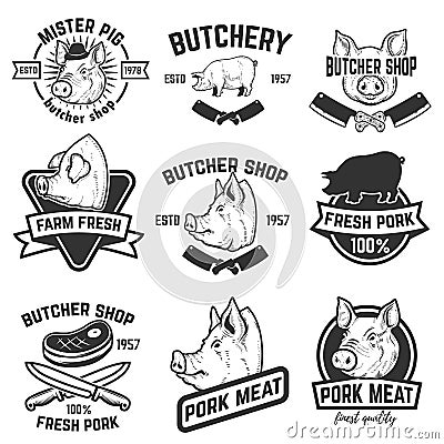Set of pork meat labels. Butcher shop. Pig heads. Design element Vector Illustration