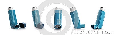 Set with portable asthma inhalers on background. Banner design Stock Photo