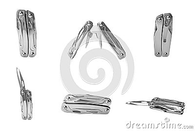 Set with portable multitools on white background Stock Photo
