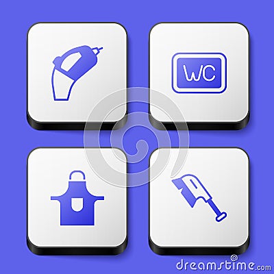 Set Portable vacuum cleaner, Toilet, Kitchen apron and Brush for cleaning icon. White square button. Vector Vector Illustration