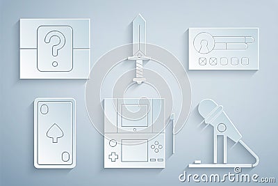 Set Portable video game console, Create account screen, Playing card with diamonds, Microphone, Sword for and Mystery Stock Photo