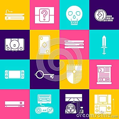 Set Portable video game console, Game guide, Sword for, Skull, Playing card with diamonds, Video, and icon. Vector Vector Illustration