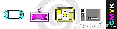Set Portable video game console, Keyboard, Gps device with map and Graphic tablet icon. Vector Vector Illustration