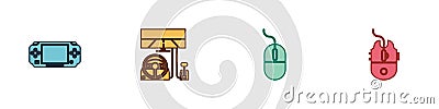 Set Portable video game console, Racing simulator cockpit, Computer mouse and gaming icon. Vector Vector Illustration