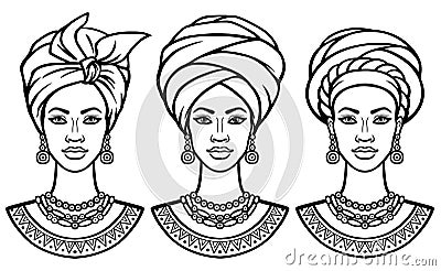 Set of portraits the African women in various turbans. Vector Illustration