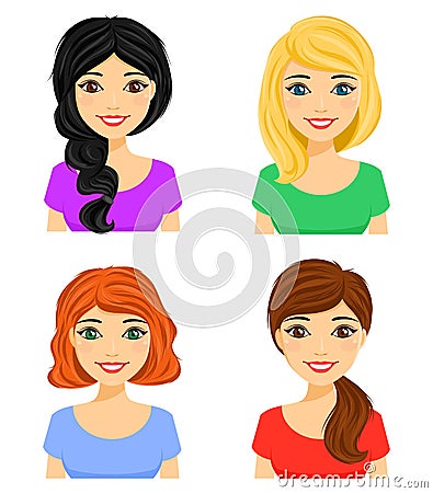 Set. Portraits of attractive girls with different hairstyles. Different hair color Stock Photo