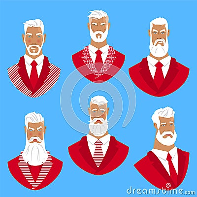 Set of 6 portraits of cool Santa Clauses Vector Illustration