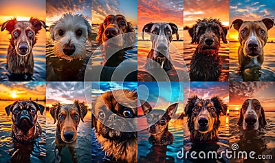 Set of portraits with cute various dogs swim in the lake Stock Photo