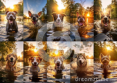 Set of portraits with cute various dogs swim in the lake Stock Photo