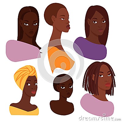 Portraits of 6 attractive dark-skinned women with different hairstyles Vector Illustration