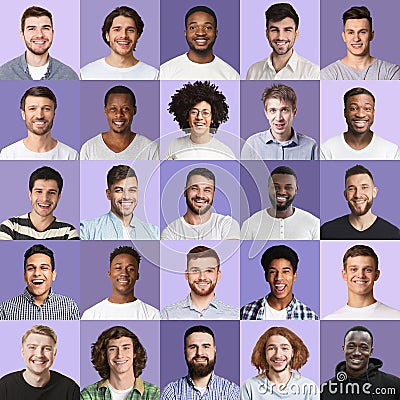 Set of portraits of diverse smiling guys Stock Photo