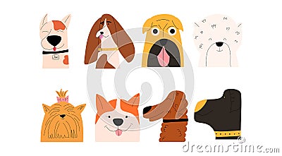 Set of portraits of emotional dogs of different breeds. Vector illustration in flat style Vector Illustration