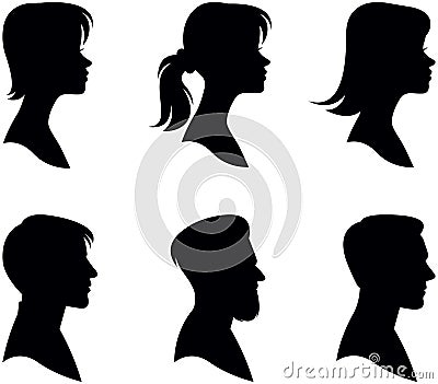 Set of portraits of men and women in profile only the head and shoulders. Black silhouette isolated on white background vector Vector Illustration