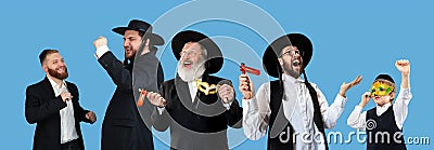 Set of portraits of mixed aged men, orthodox jewish men with wooden grager ratchet during festival Purim. Holiday Stock Photo