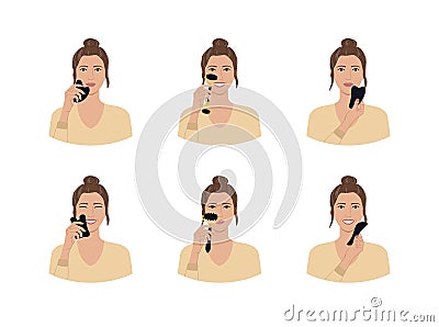 Set of portraits of woman with first gray hairs and black obsidian gua sha scraper, roller. Facial gua sha scraping massage tools Vector Illustration