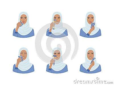 Set of portraits of woman in hijab with blue sodalite gua sha scraper and roller. Facial gua sha scraping massage tools. Vector Illustration