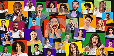 Set of portraits of young diverse men and women with different real emotions, isolated on colorful backgrounds Stock Photo