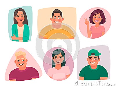 Set of portraits of young happy people. Avatars of smiling guys and girls of students. Joyful characters of men and women Cartoon Illustration