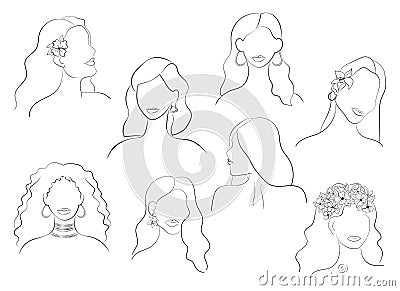 Set of portraits of young women. Line art. Abstract image of people. Modern style. People of different ethnic groups. Vector Illustration