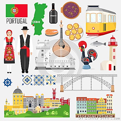 Set with portuguese symbols and landmarks Vector Illustration