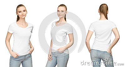 Set pose girl in blank white tshirt mockup design for print and concept template young woman in T-shirt front and side back view Stock Photo