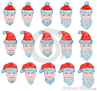 Set with positive senior man head wearing red Santa Claus hat isolated on white. Portaits of cool handsome smiling hipster Cartoon Illustration