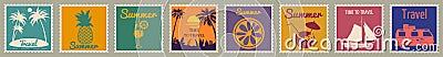 Set Postage stamp summer vacation Sunset Ice Cream Yacht Van Sailboat Pineapple. Retro vintage design vector Vector Illustration