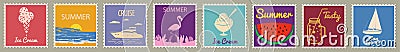 Set Postage stamp summer vacation Sunset Watermelon Jar Ice Cream Yacht Sailboat Flamingo. Retro vintage design vector Vector Illustration