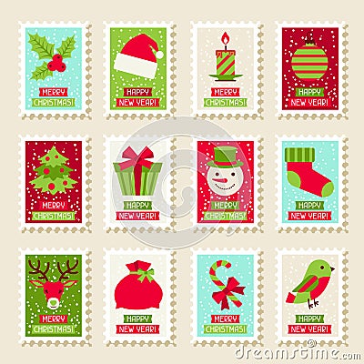 Set of postal stamps with Christmas and New Year Vector Illustration