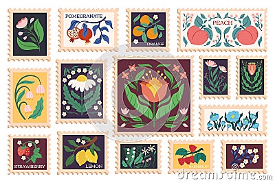 Set Of Postal Stamps With Flowers, Fruits And Berries. Floral Nature-inspired Mail Marks With Pomegranate, Orange Vector Illustration