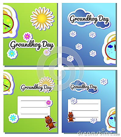 Set postcard for Groundhog Day cartoon holiday illustration design. Second February greeting poster, banner, card Vector Illustration