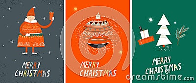 Set of Postcards with a Christmas tree, gifts, Santa Claus and a coniferous twig. Vector Illustration