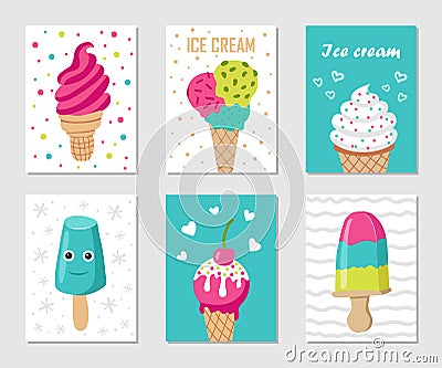 A set of postcards on the theme of ice cream. Vector Illustration