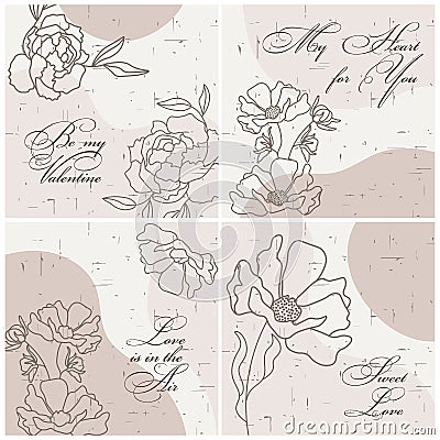 Set of postcards for Valentine's Day. Line drawings of flowers and calligraphy. Quotes about love. Templates Vector Illustration