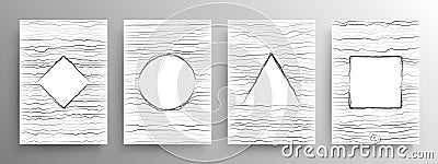 Set of poster with geomtry shapes in linear distortion style. Abstract figures in wavy horizonatal lines style. Design Vector Illustration