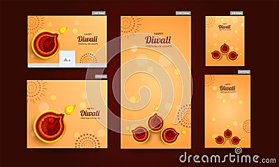 Set of poster and template design decorated with top view of illuminated oil lamps. Stock Photo