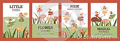 Set of posters or banners with magical fairies and pixies, flat vector illustration in cartoon style. Vector Illustration