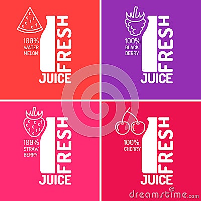 Set of posters fresh juice with blackberries, strawberries, watermelon and cherries Vector Illustration